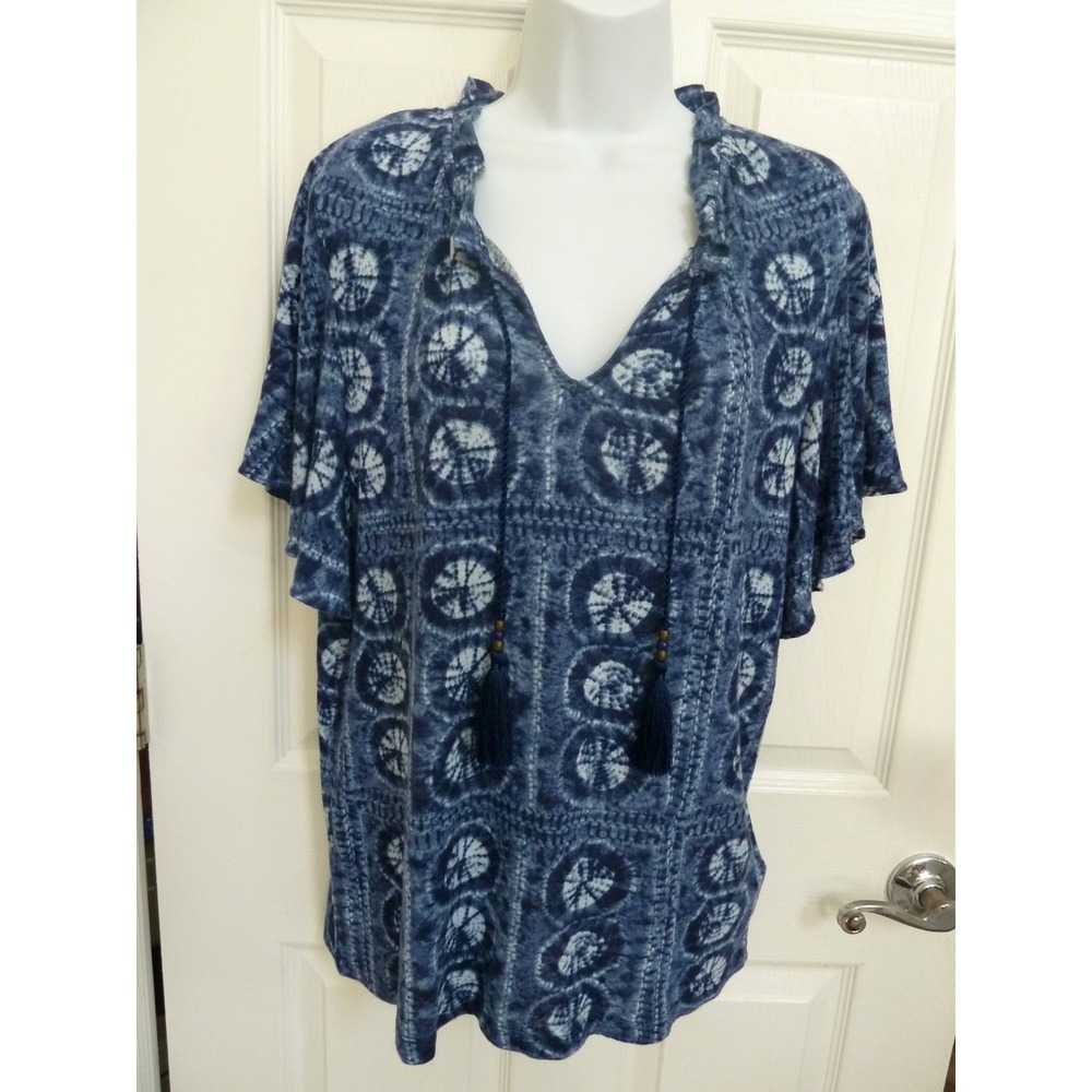 Lauren Ralph Lauren Blue Linen Blend Tasseled Flutter Sleeve Blouse Medium NWOT